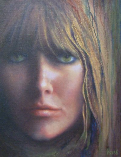 A close-up painting of a woman's face with blonde hair and bangs