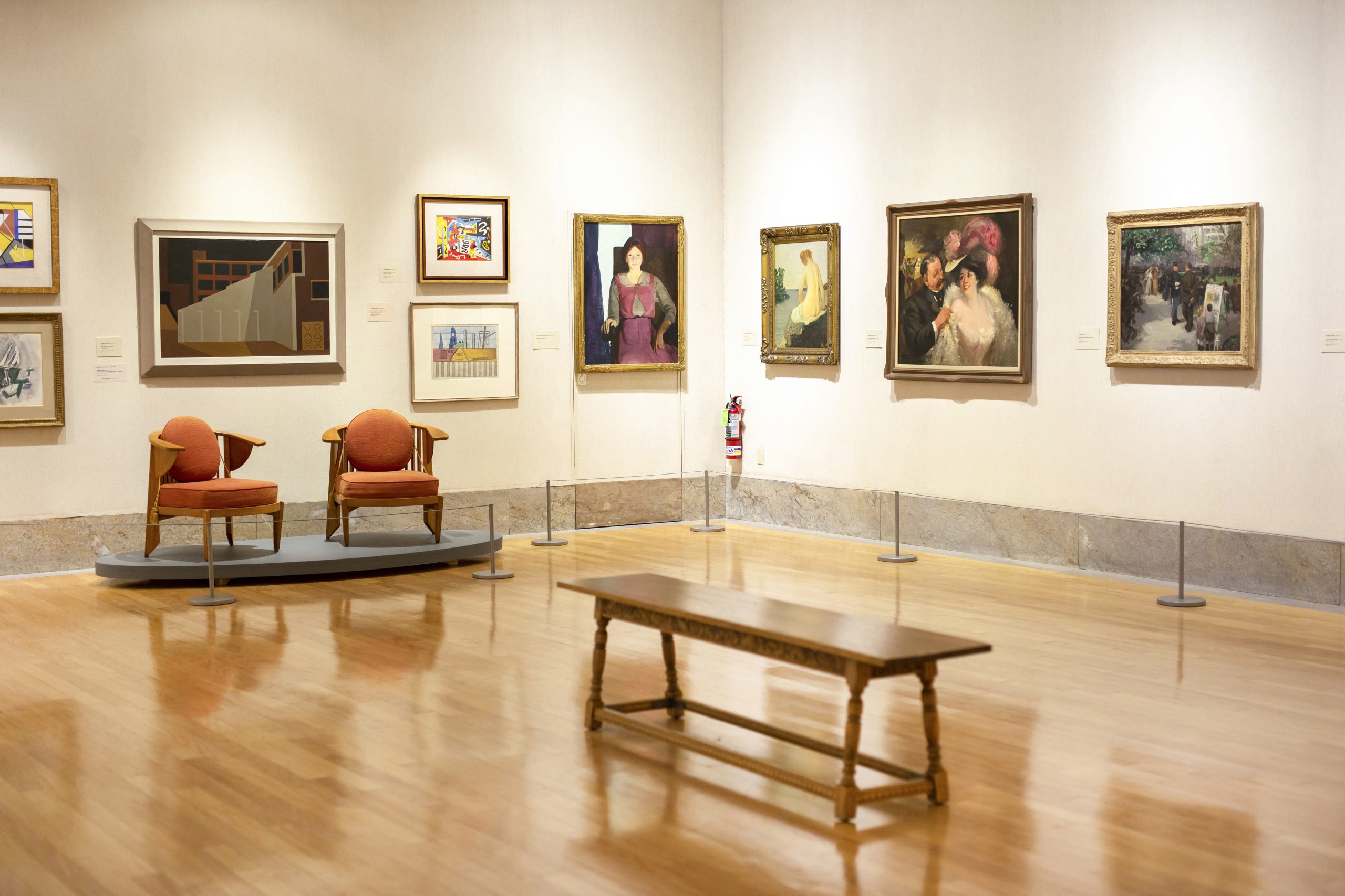 20th_Century Portraits, abstract art, and 2 retro chairs with curved arms and orange fabric in 20th Century Collection