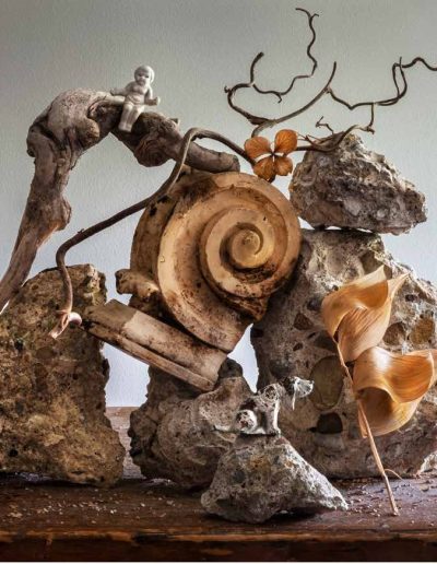 A stack of objects consisting of large rocks, a worn decorative pillar, as well as branches and a log. On top of the highest log is a small stone statue of a girl. On the lowest rock in front is a dog staring off to the right. The plants are depicted as withered or dead.