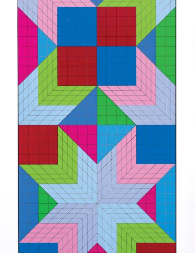 An art piece made up of color-blocked sections using squares, triangles and diamonds on a black grid, creating a quilt-like pattern from different colors, blues, reds, pinks, and greens. Top half is like 4 rivers converging into a square and bottom half is a 8 pointed star with square corners surrounding it.