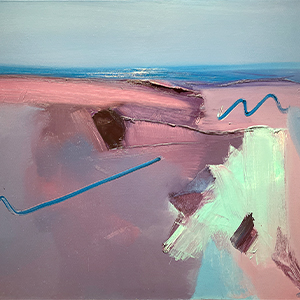 Oil painting of a pink landscape overlooking water