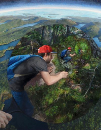 The background of this image is of a marsh scene taken from far above; bits of land scattered throughout bits of water. A circle in the center of the photo, held up by a hand in the bottom left corner, depicts a man in casual hiking clothes and a backpack, propped up against a rock and holding a circle which reveals the same image, over and over.