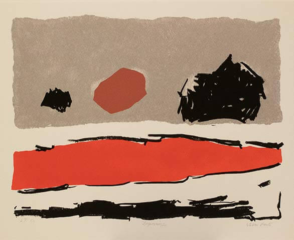 An abstract painting with black circles and a line, and a red circle and line