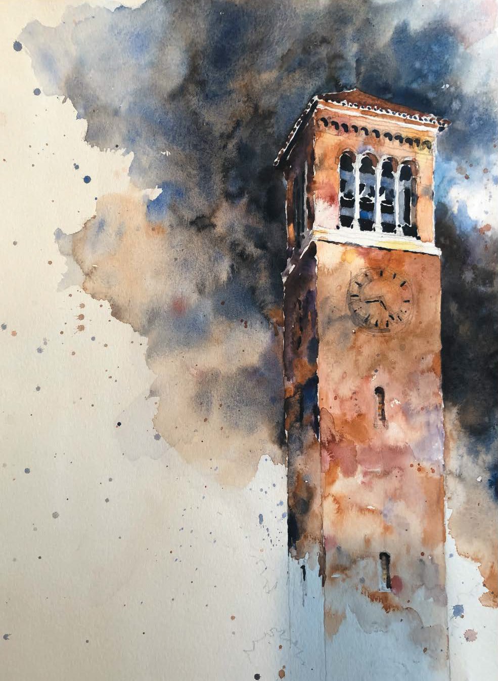 Watercolor painting that shows a bell tower surrounded by dark grey clouds in the sky.
