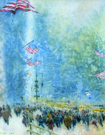 A painting of numerous people walking while there are American flags in the sky