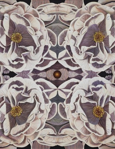 A kaleidoscope-type photo of four pink, white and purple roses