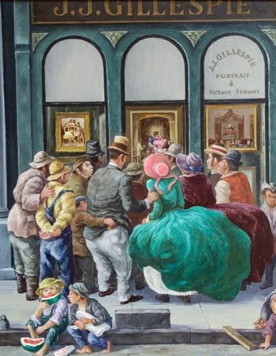 A painting of people on a sidewalk rushing to peek inside the storefront window of a business called J.J. Gillespie, Children are sitting on the curb eating watermelon
