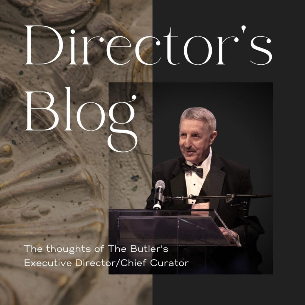 A graphic of a Dr Zona giving a speech that says 'Director's Blog The thoughts of the Butler's Executive Director/Chief Curator'