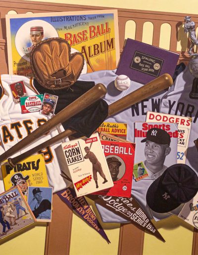 A painting of a collage of baseball memorabilia including hats, jerseys, cereal boxes, bats, and balls