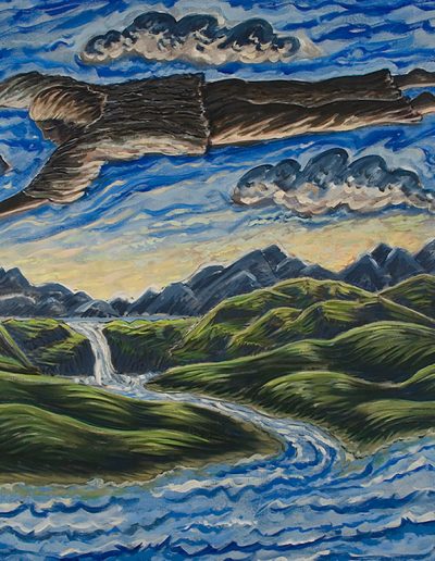 Painting of a green landscape with a river flowing through it and mountains in the background. A man is flying through the sky among the clouds
