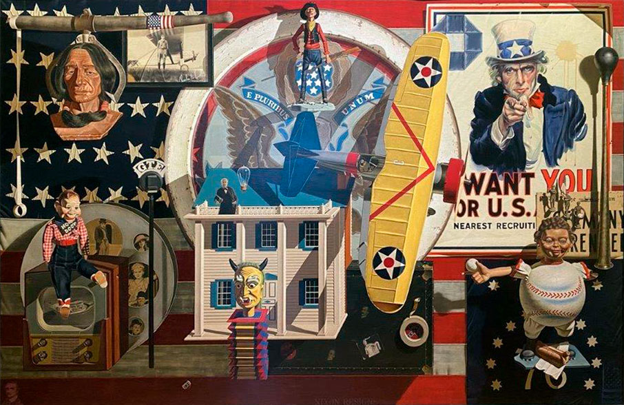Gary-T-1 Artwork with various political symbols such as Uncle Sam, the White House, and Native Americans