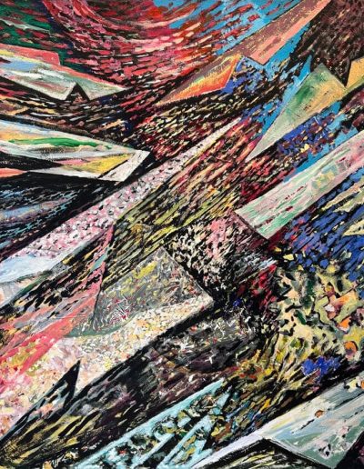 Acrylic painting of multicolored swirls against a black background. Large jagged shapes point toward the center of the painting.