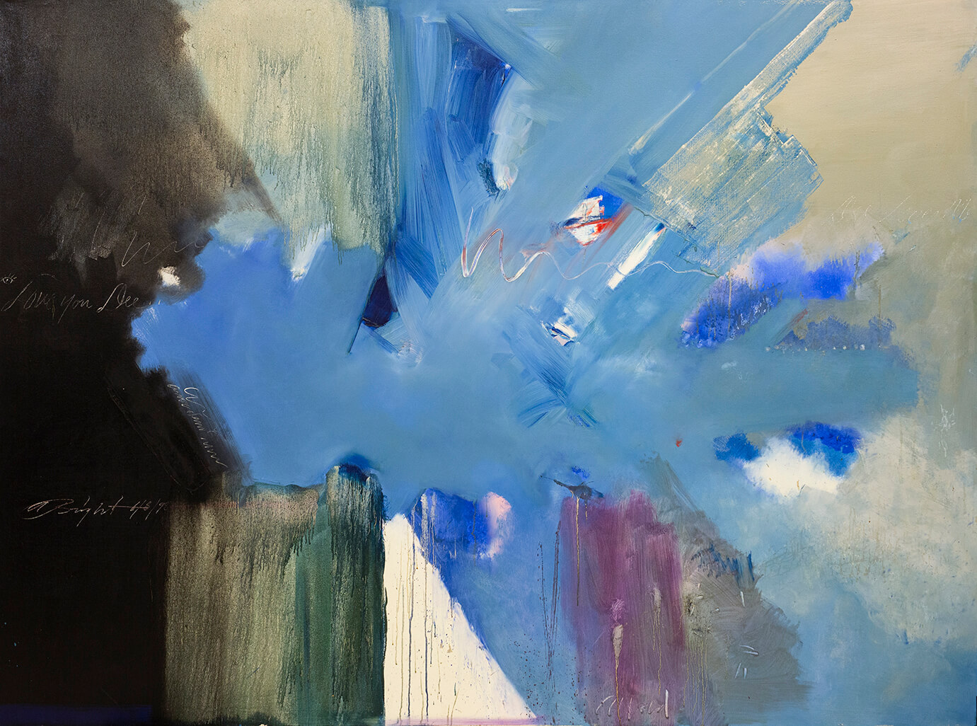 The painting is an abstract with large blue and white streaks on a gray and black neutral background.