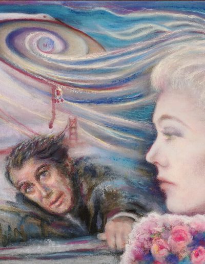 Three figures surrounded by surreal imagery including Golden Gate bridge and a tower. Clouds swirl, forming an eye. The man grips the edge of a ledge while women with stoic faces look on.