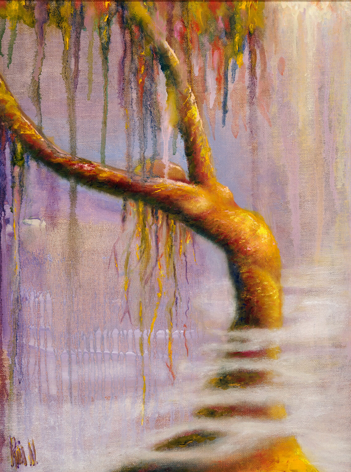 A tree that resembles a human form arches out of a misty purple scene.