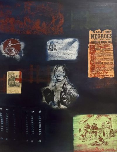 Photo with areas of different pieces of art, one with a news clipping 'Sale of Negroes', a couple with photos, and some with script