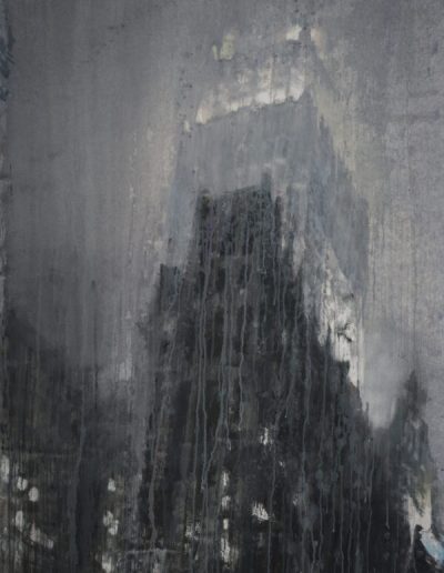 Painting depicting looking out a window to a skyscraper at night while it is raining