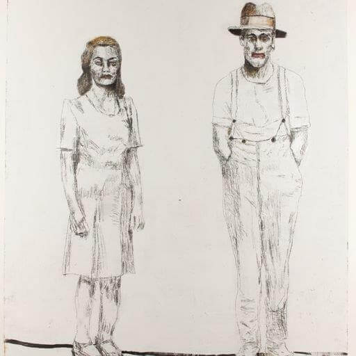 Sketch of woman in knee-length dress on left, man with trousers and suspenders on right