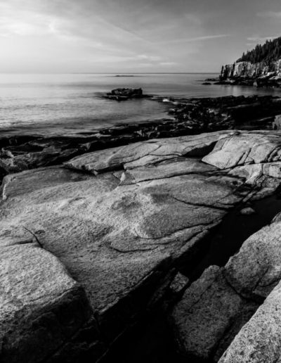 Black and white photo of a rocky shore meeting water with tree lined cliffs in the distance