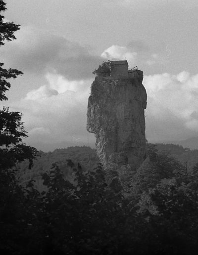 Black and white photo of a landscape of trees with a tall hill in the middle with one building on it