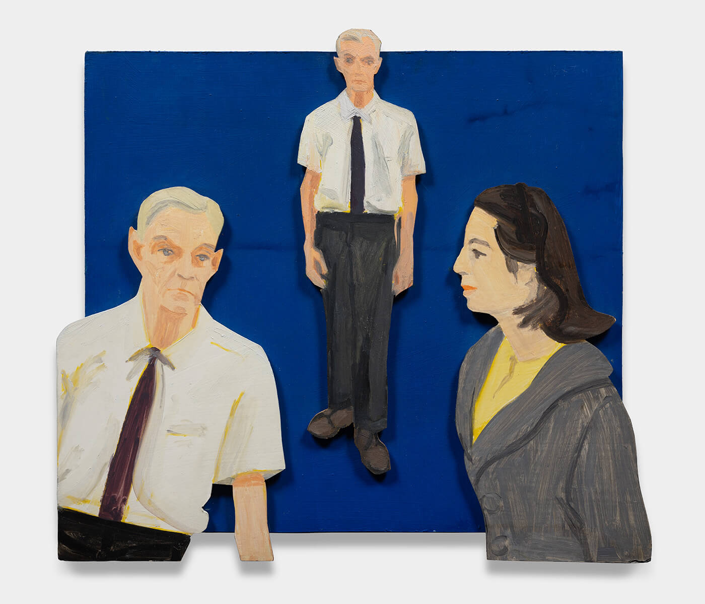 Painting of a man and woman from the waist up wearing business attire in front of a blue square. A full-length image of the man is in the center of the painting between the two figures.
