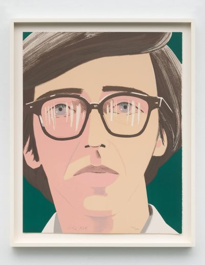 Artwork of a man's face wearing glasses against a green background. He has short brown hair, and is displayed from neck up. He is wearing a collared white shirt.