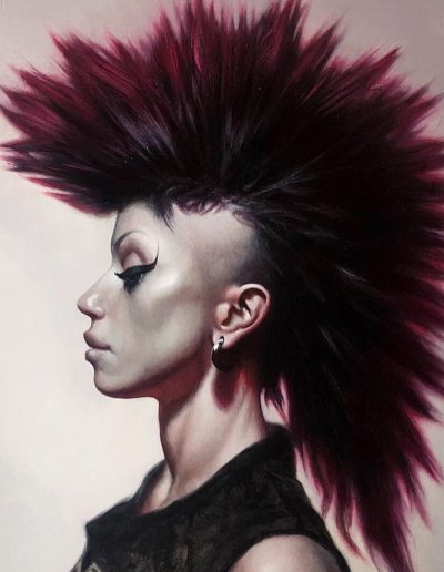 A portrait of a person's side profile with a long red spiked mohawk, eyeliner, and hoop earrings