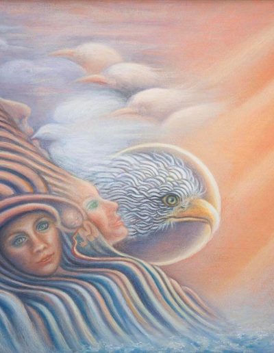 Painting of an eagle head with two women's faces and a fetus. The eagle head is central with a circle of light, almost like the crescent of a moon surrounding the head. White beams of light come down from the peach-colored sky on the right side of the painting, shining on the eagle's face. More white bird faces appear from the beams of light, like clouds in the sky. A woman's profile is looking toward the eagle, and the fetus is directly next to her face withe its arm reaching toward the other woman's face, which is directly looking at the viewer. Both women appear to be smiling and are engulfed in wave-like forms of blue, white, and peach colors.
