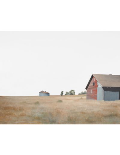 Muted colored artwork depicting a landscape scene with 1 small barn on the right and wide open sky and field on the left