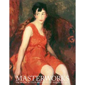 Masterworks painting from The Butler Institute of American Art. Painting in of a woman seated with a red dress and short black hair.