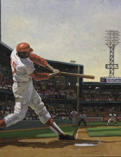Painting depicting baseball player in red and white uniform swinging his bat, with player on 3rd base and a full crowd in the stands