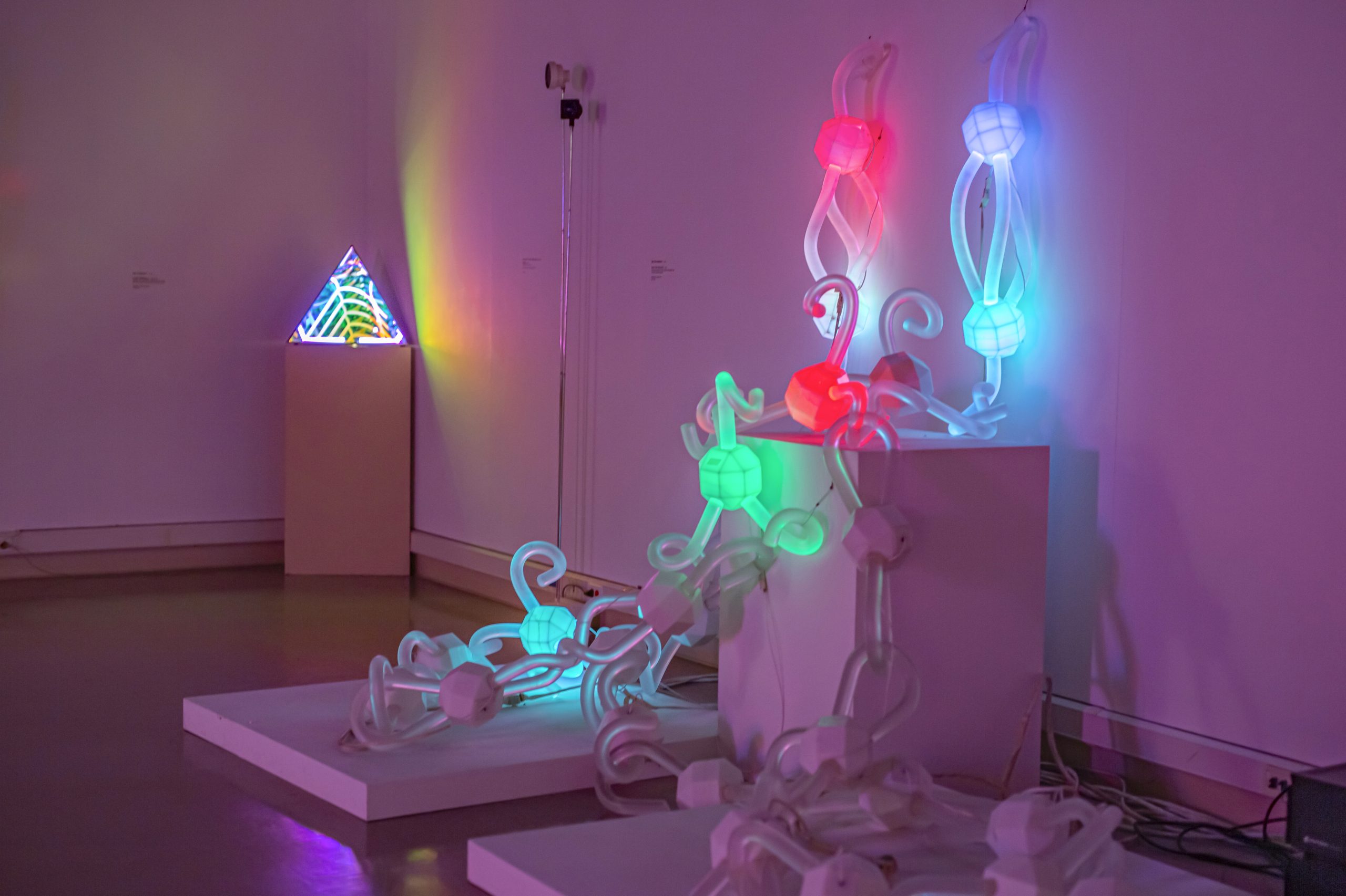 Red, blue, and green orbs intertwined in New Media Collection