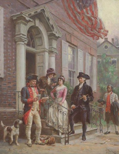 Two women stand on the steps of an old colonial home while a messenger reads a letter to well dressed man. Behind him is an African American man holding a hat and coat.