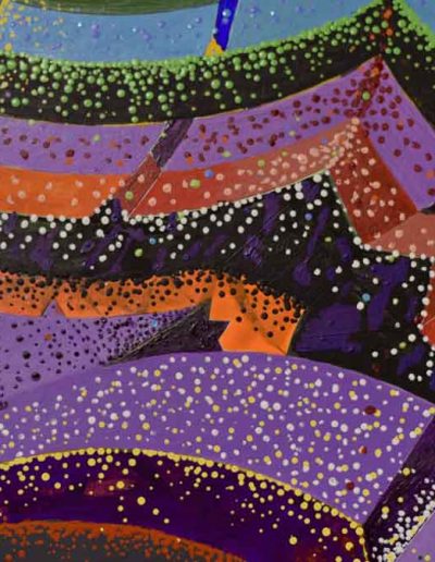 Colorful, abstract painting of different three dimensional shapes with polka dots