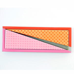 Picture of a rectangle split in half from corner to corner. Half of it is pink and half is orange