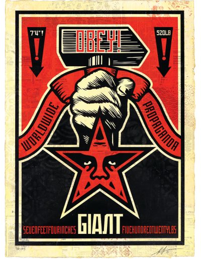 An image in the style of a vintage Soviet-era political ad. In the center is a red star with a man's eyes and nose visible inside. Coming up from behind the star is a fist grasping a hammer that reads "Obey!" Two arrows point down, with one reading "7'4"!!" and the other reading "520LB!" Written in a ribbon is "Worldwide Propaganda" and below the star reads "Sevenfeetfourinches Giant Fivehundredtwentylbs"