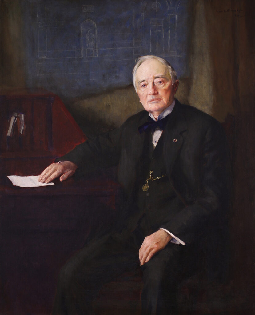 Ivan Gregorovitch Olinsky, Portrait of J.G. Butler, Jr.,” 1920, Oil on canvas mounted on board, Gift of Jonathan Warner 1920. Painting conserved by Mr. and Mrs. James Miller. Located in the Bacon Hall Gallery, first level.