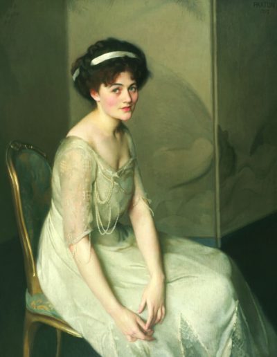 Painting of a caucasian woman with short dark, curly hair with a white headband wearing a long white dress sitting in a chair