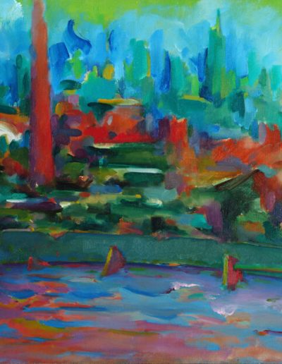 This image has a very abstract, watercolor style of a supposed water reservoir containing a pump house. the pump house is represeented by a tall red structure coming out of the water. the background appears to be a mountainous area colored in blues, greens and reds. a red spire rises up out of the mountains. water (colored blue/purple/red/orange) churns in the reservoir.