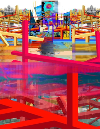 Photo of red and yellow beams crossing paths above and under water in an abstract art piece