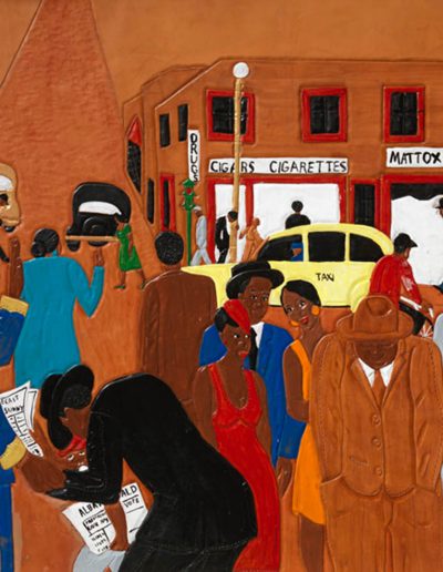 Painting of a town with African American people walking the street. There is a yellow taxi on the street and a Cigar Store on the street corner
