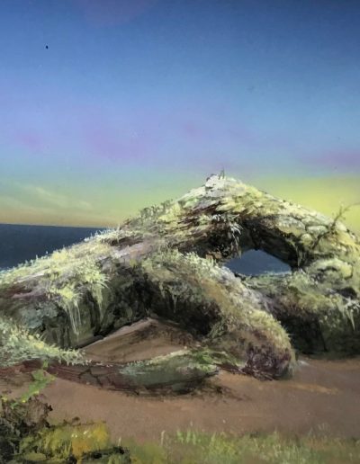 Moody beach painting with washed up "B" on shore