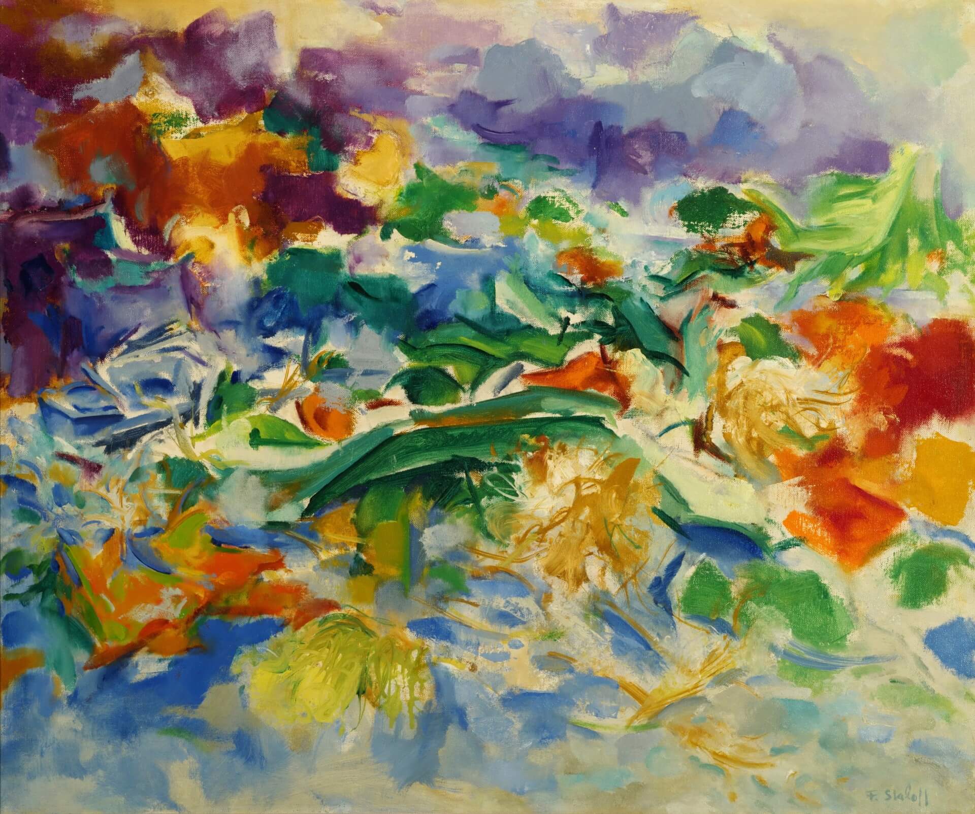The landscape unfolds through an arrangement of vegetables and flowers scattered across the canvas. Once bursting with vibrance and color, they now soften into hushed, fading tones of red, blue, purple, green, and gold...wilting, decaying, and returning to the earth from which they came.