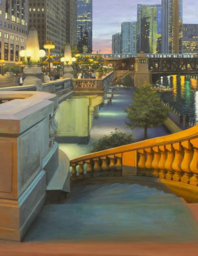 A painting of a spiral stone stairwell in a city that leads to a boardwalk on a riverfront