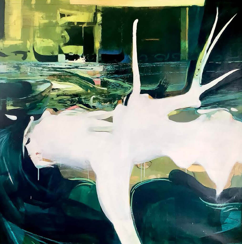 A painting depicting a human-like subject. The subject is mainly made up of white and appears to float on top of a water-like surface of dark greens, blues, and black.