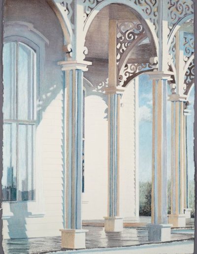 Close-up painting of a white building with pillars all around the porch