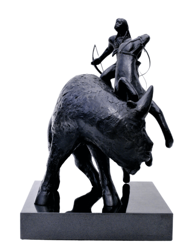 Black sculpture of a Native American with an arrow in his hand, riding a horse, fighting off a bull.