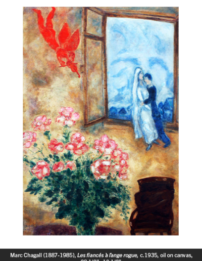 Painting of a man and woman dancing in front of a window near a flower vase