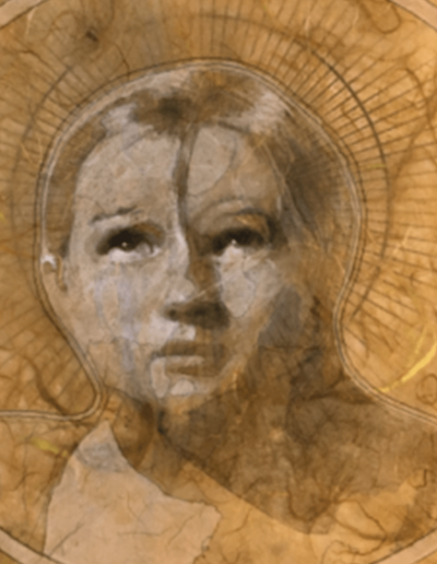 Gold art piece of a child's face and upper torso while they are looking up