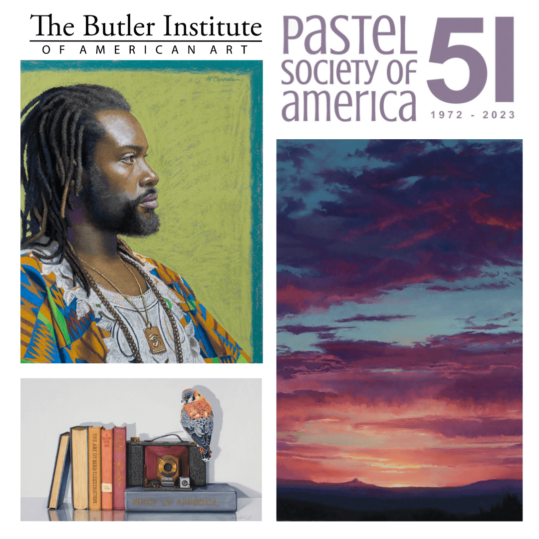 The Butler Institue Pastel Society of America, 51 years, a black man in bright colorful clothing looking to the right, a small bird perched on an camera next to books, a large sunset scene with blue, purple and pink clouds, a mountain in the distance